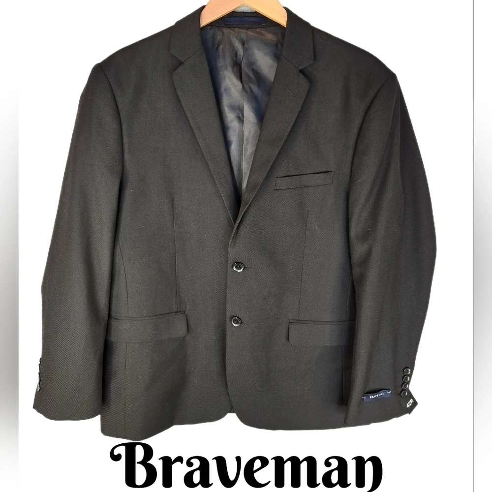 Braveman Mens Blazer Jacket Sz 42R Black 2 Button Front Out &  Inside Pockets